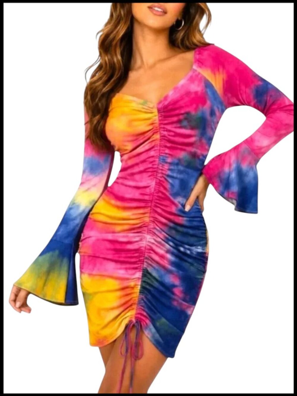 Ruched Bodycon Mini Dress Pink Blue Drawstring S